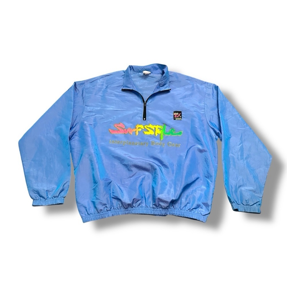 Vintage 90s Surf Style Blue Iridescent Windbreaker Jacket Quarter Zip One Size
